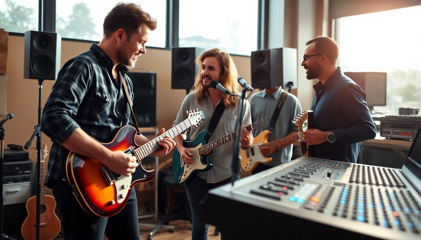 Musicians collaborating in a studio setting, showcasing music promotion services in action.