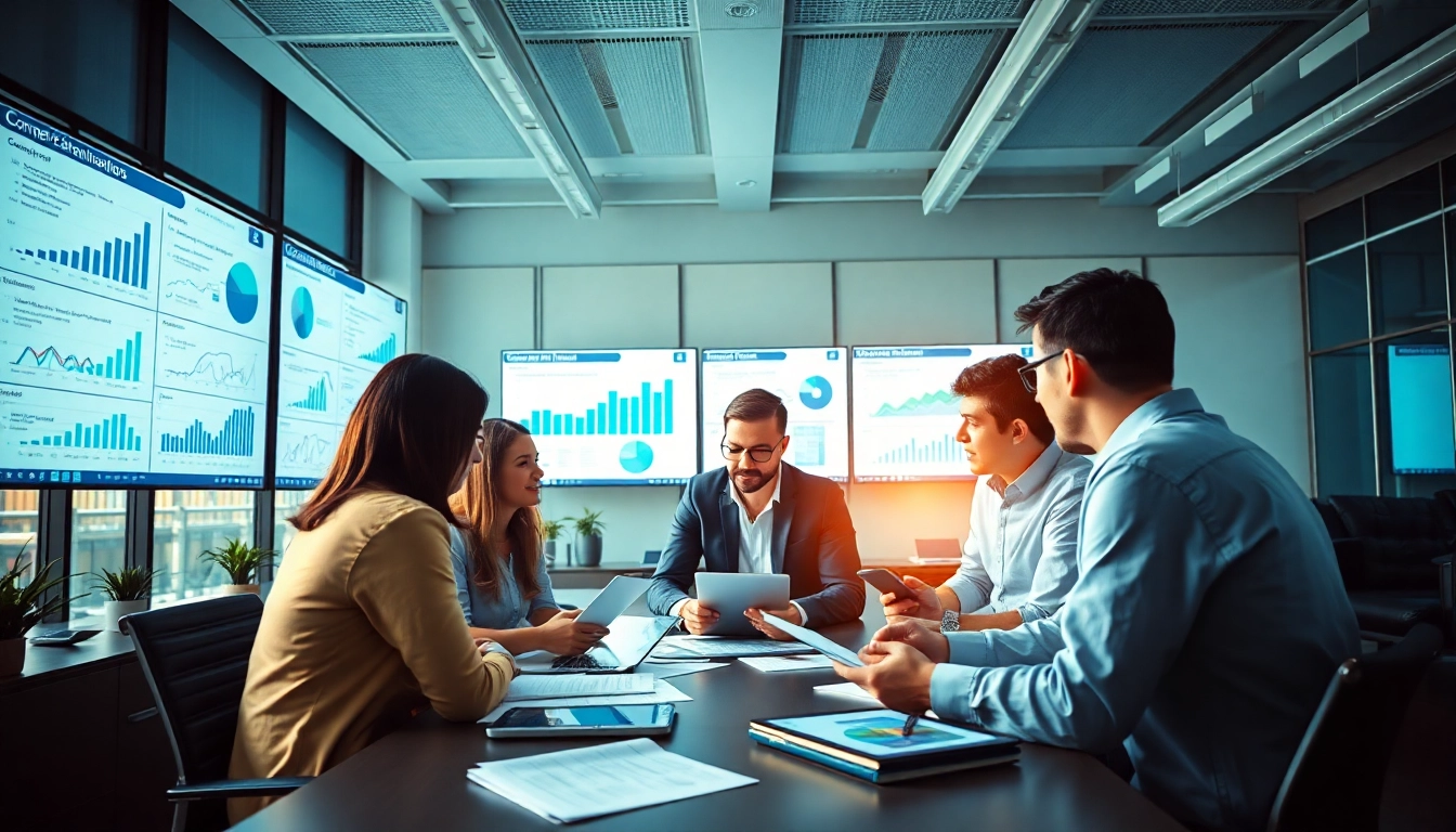 Analyze ai for competitor analysis with business professionals reviewing data insights in a modern office.