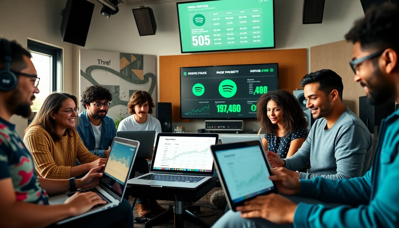 Musicians using Spotify promotion tools to enhance their streaming presence and engagement.