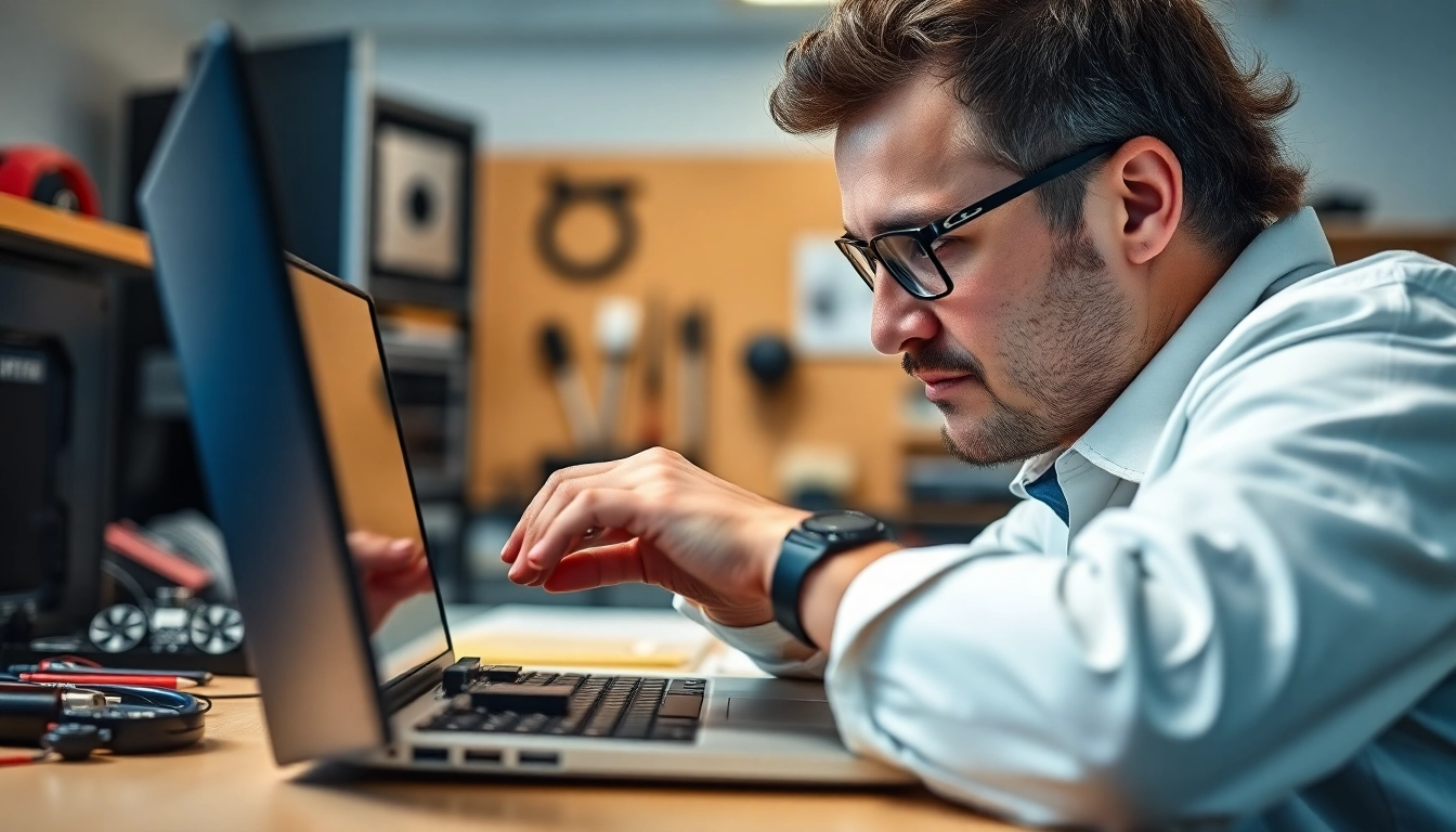 Technician performing a computer repair on a laptop in a professional setting.
