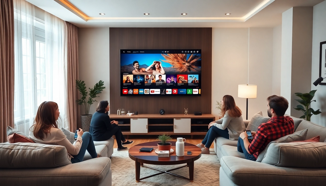 Comprar IPTV en un acogedor salón con un moderno televisor y amigos disfrutando de la transmisión.