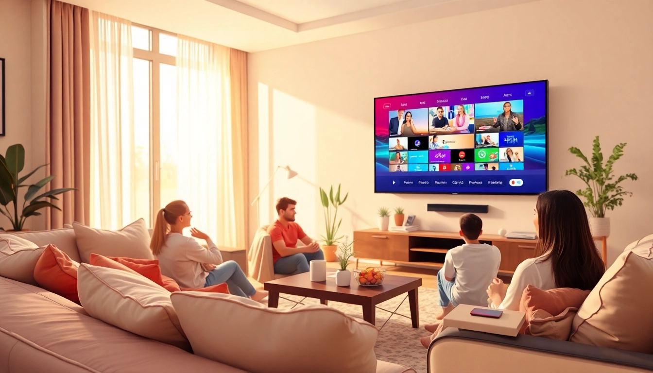 Ver cómo comprar IPTV en un moderno salón familiar con una pantalla grande.