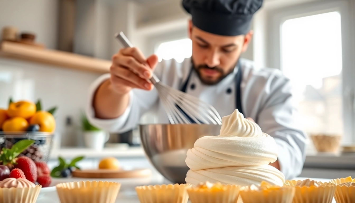 Bereiding van mousseline crème door een professionele chef in een moderne keuken.
