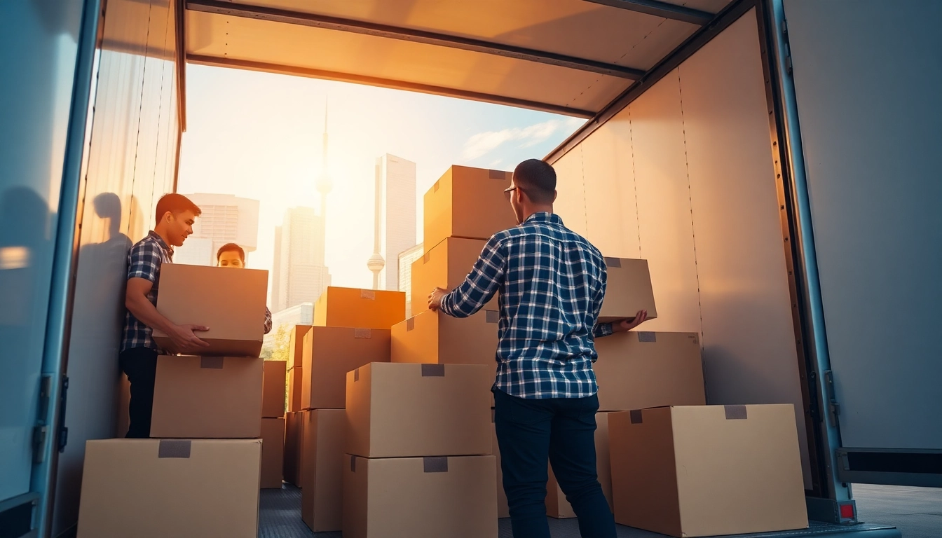 local Toronto movers effectively loading boxes into a moving truck against the city skyline.